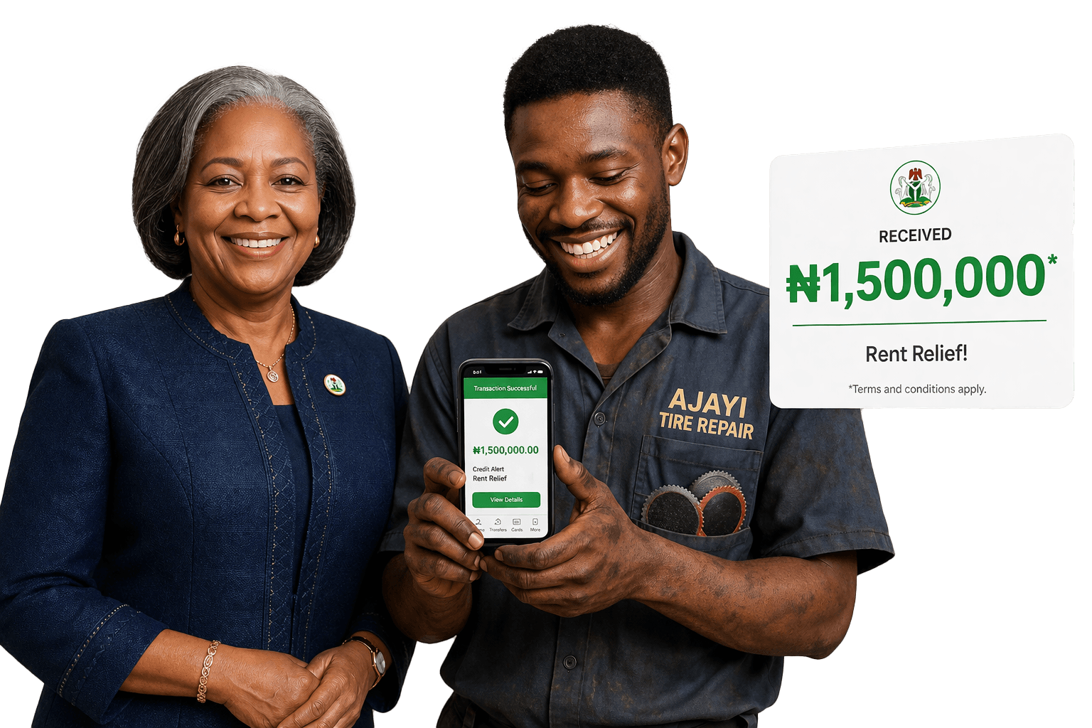 Two people smiling, one holding a phone showing Taxer.ng filing experience